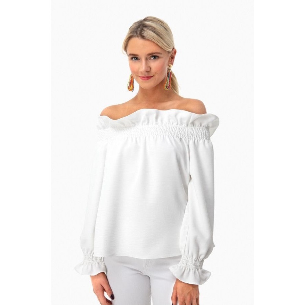 Tuckernuck Top‎ Women's S Marguerite Smocked Off Shoulder Ruffle Blouse White - Picture 2 of 14